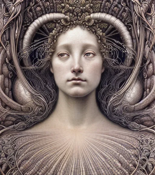 Prompt: detailed realistic beautiful summer goddess face portrait by jean delville, gustave dore, iris van herpen and marco mazzoni, art forms of nature by ernst haeckel, art nouveau, symbolist, visionary, gothic, neo - gothic, pre - raphaelite, fractal lace, intricate alien botanicals, ai biodiversity, surreality, hyperdetailed ultrasharp octane render