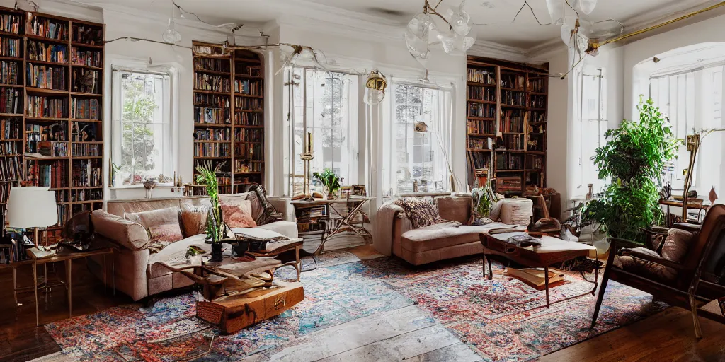Prompt: insanely detailed wide angle photograph, atmospheric, light bloom, lens flares, award winning interior design living room, dusk, cozy and calm, fabrics and textiles, colorful accents, brass, copper, secluded, many light sources, lamps, oiled hardwood floors, book shelf, library, couch, desk, balcony door, plants