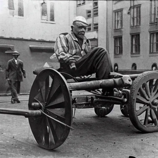 Prompt: photograph of an eldery gentleman towing a howitzer! artillery! which is connected to his mobility scooter, on a street