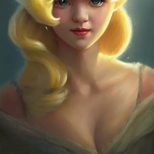 Image similar to cute princess peach as realistic blond human character art portrait, matte fantasy painting, deviantart artstation, by jason felix by steve argyle by tyler jacobson by peter mohrbacher, cinema c 9. 0