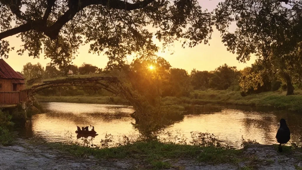 Image similar to small wooden cottage by the river, a tree with vines wrapped around it, two crows on the tree, tranquility, arch stone bridge over the river, an old man riding a horse on the bridge, sunset