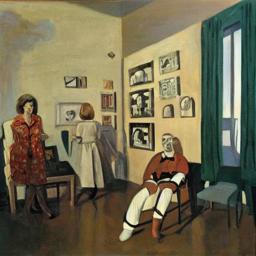 Image similar to oil painting, inside the museums, infinity goes up on trial, by paula rego, by de chirico