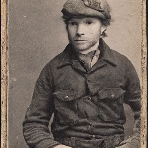 Image similar to daguerreotype ambrotype of scruffy - looking old ed sheeran in a dirty mining uniform, highly detailed,