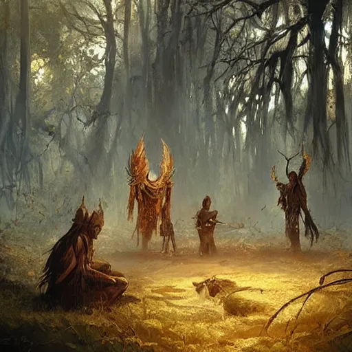 Image similar to ancient igbo ceremony where forest spirits and shamans in masks emerge from the twilight woods, epic fantasy style art by craig mullins, fantasy epic digital art, epic fantasy card game art by greg rutkowski