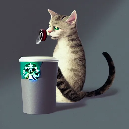 Image similar to cat drinking a starbucks coffee, hyperdetailed, artstation, cgsociety, 8k