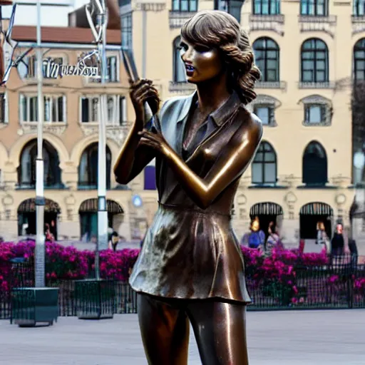 Image similar to a bronze sculpture of taylor swift on a plynth in the middle of the town square