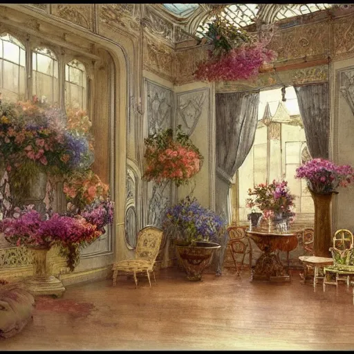 Image similar to a beautifull intricate watercolour painting of a victorian room with many flowers, reflexions, verry high details by william turner art, greg rutkowski and alphonse mucha, trending on artstation, very very detailed, masterpiece,