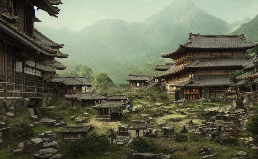 Prompt: highly detailed environment concept art of old, ruined, japanese village from sengoku period, surrounded by dense rock formations, high in mountains, cinematic lighting, photobash, raytracing, volumetric lighting