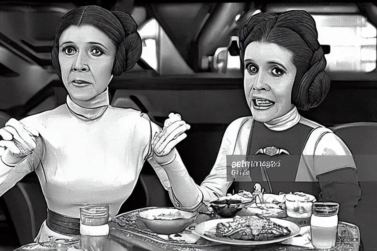 Image similar to princess leia having lunch at quark's bar on deep space nine