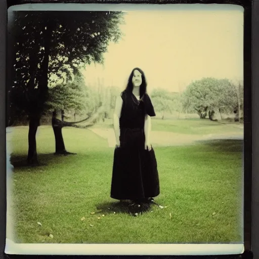 Image similar to woman at lawn, polaroid photography in style of andrey tarkovski, mystical, faith, sense of paranormal