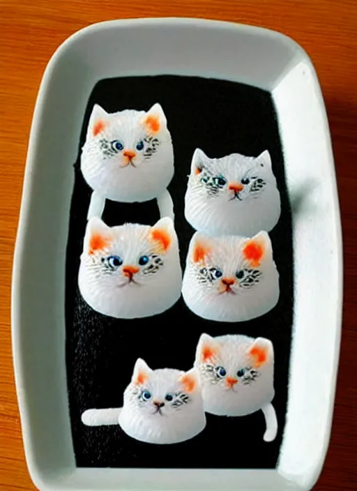 Image similar to clear surrealist painting of adorable cats made from sushi rice, sitting on sushi plates with garnish