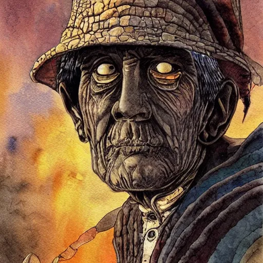 Image similar to very old shaman burns from inside, old gray haired mexican mage close his eyes no pain, watercolor ink painting, in the style of jean giraud, in the style of moebius, detailed realistic hd 8 k high resolution