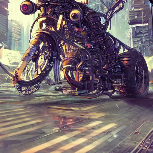 Image similar to cyberpunk acid trip on a futuristic motorcycle, hyper detailed, digital art, trending in artstation, cinematic lighting, studio quality.