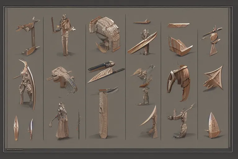 Prompt: schematic diagram of axes, dwarven, materials, built, book, page, detailed, cross section, trending on artstation, cgsociety, Ralph McQuarrie and Greg Rutkowski