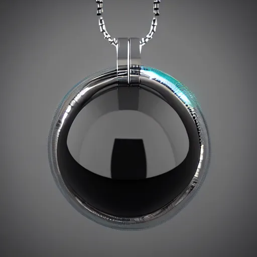 Image similar to futuristic ball chain silver necklace with 3 d behelit pendant with glowing eyes, octane render, hd, raytraced, product