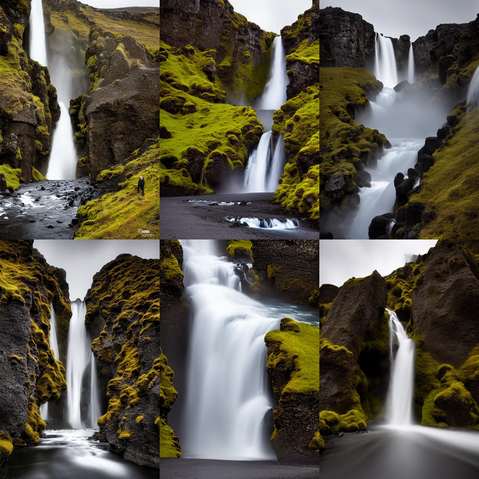 Prompt: wide-angle long exposure photo of a really tall waterfall in Iceland by Thomas Heaton, overcast day, moody, dark, high contrast, 4k, HD, high quality