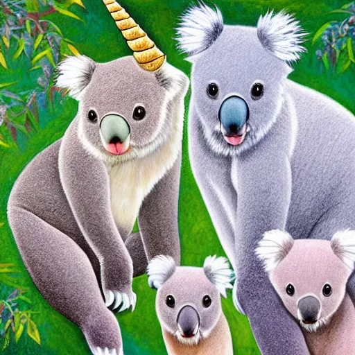 Prompt: A family portrait of unicorns and koalas
