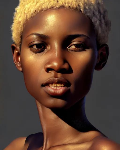 Image similar to african woman with blonde short hair, brown eyes, beautiful girl, close up portrait, moonlight, highkey, realistic, serov, surikov, vasnetsov, repin, kramskoi, paint texture, low aperature, insanely detailed, charlie bowater, tom bagshaw, octane rendered, unreal engine, illustration, trending on artstation, masterpiece