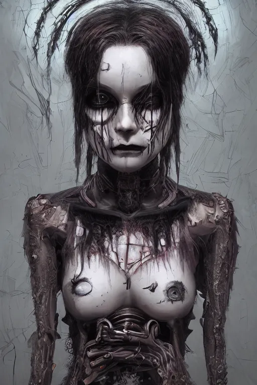 Image similar to portrait of a creepy horror punk girl . intricate abstract. intricate artwork. nightmare fuel. terrifying. by Tooth Wu, wlop, dan mumford , trending on artstation, greg rutkowski very coherent symmetrical artwork. cinematic, hyper realism, high detail, octane render, 8k