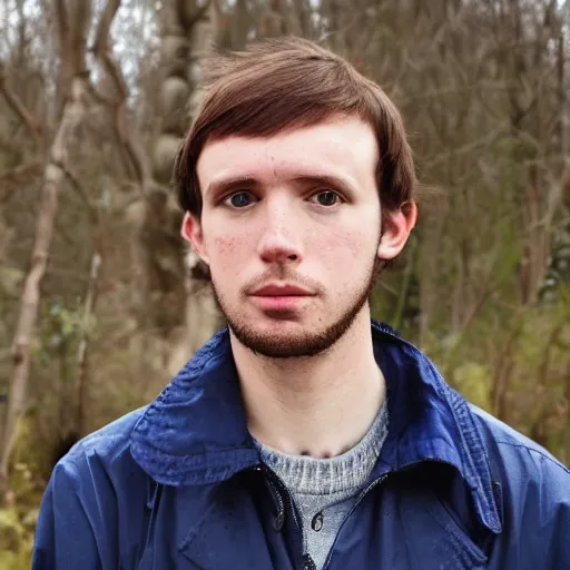 Prompt: Corran McCallum [[Corran McCallum]] facebook profile image of Corran McCallum, brown hair, blue jacket infront of trees. Young brown haired man with facial hair, photo of Corran McCallum.