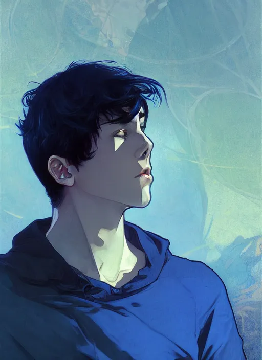 Prompt: handsome young man with short black hair, male, dressed in blue, looking down, half body shot, arms down, path traced, highly detailed, high quality, digital painting, posuka demizu, alphonse mucha, alena aenami