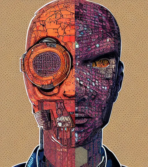 Image similar to a cyberpunk man with a glitching patchwork face of various ethnicities, Industrial Scifi, detailed illustration, character portrait, by Martin Grip and Moebius