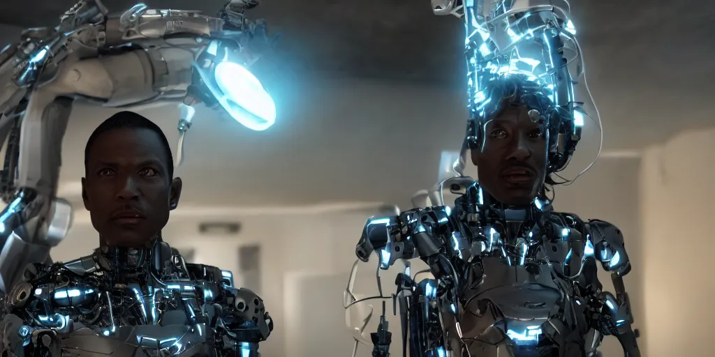 Image similar to a science fiction film still of a black man starring as a cyborg, shallow depth of field, cinematic, award winning cgi, vfx, surrealism, film photography