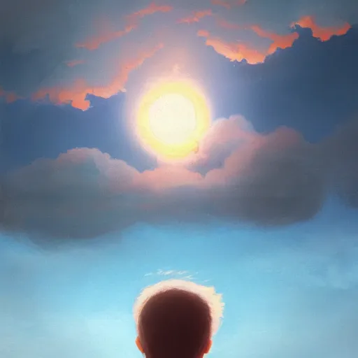 Image similar to the disembodied head of rudy giuliani is floating in the sky and covering the sun. the sky is orange. people on the ground are running away out of fear. a rotoscoped image, comedy, ( ( concept studio ghibli ) ) ( ( by greg rutkowski ) )