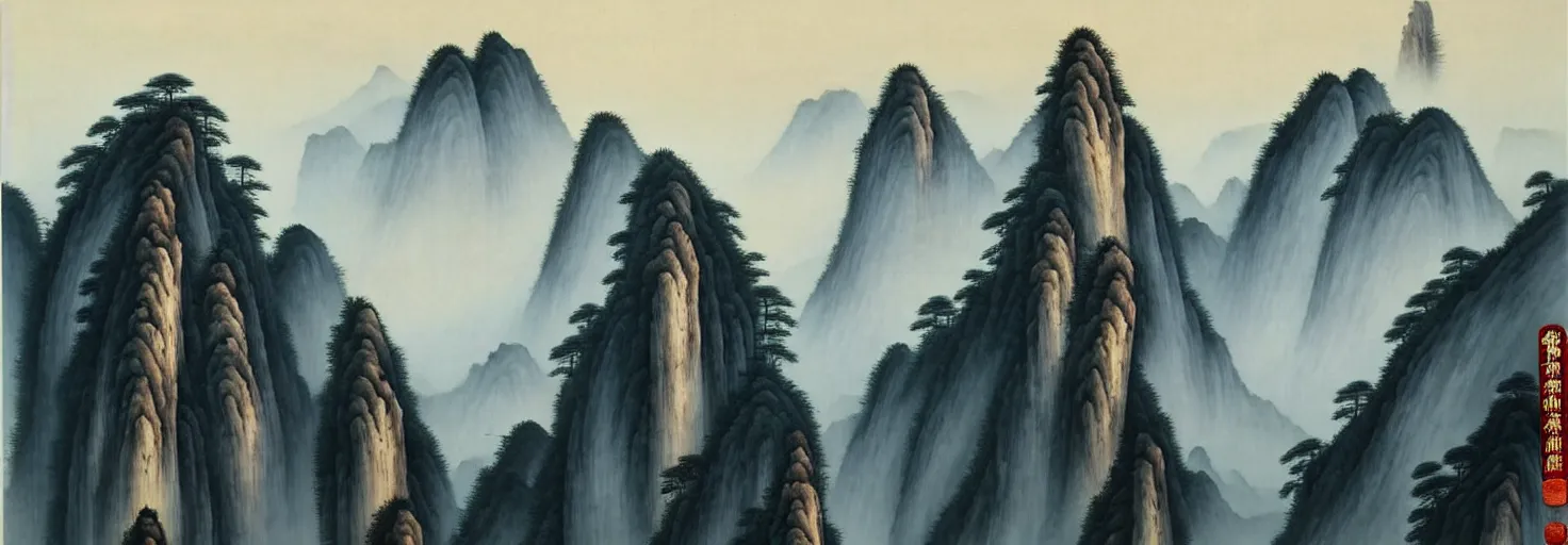 Image similar to chinese shanshui 山 水 painting of huangshan on a foggy day by shenzhou 沈 周