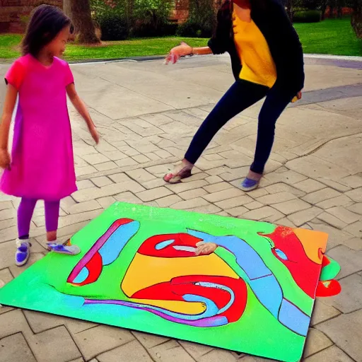 Image similar to pepper ann pearson playing hopscotch, illustration, illusion, in the style of lilia alvarado