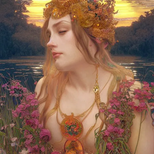 Image similar to portrait of a beautiful alluring female nature spirit goddess at sunset, detailed, centered, digital painting, artstation, concept art, donato giancola, Dante Gabriel Rossetti, alphonse mucha, Joseph Christian Leyendecker, WLOP, Boris Vallejo, Breathtaking, 8k resolution, extremely detailed, beautiful, establishing shot, artistic, hyperrealistic, beautiful face, octane render