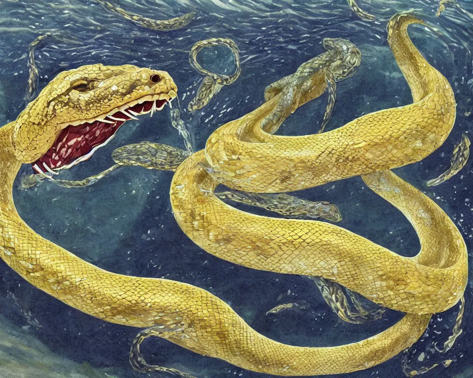 Prompt: a giant snake is coiled around a massive fish, its jaws open wide to take in its prey. both snake and fish are encased in ice