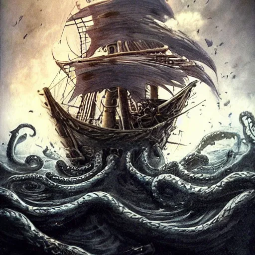 Image similar to kraken breaking a pirate ship, lovecraftian, horror, dark, scary, fantasy