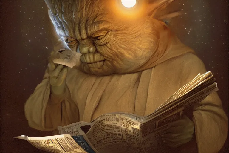 Image similar to a beautiful ultradetailed fine art photo of yoda reading a newspaper in a monastery, by tom bagshaw and zach sutton, backlight, 5 0 mm lens, closeup shot, bokeh, golden ratio composition, sunset golden hour hues, very detailed, artstation, 8 k, highly coherent