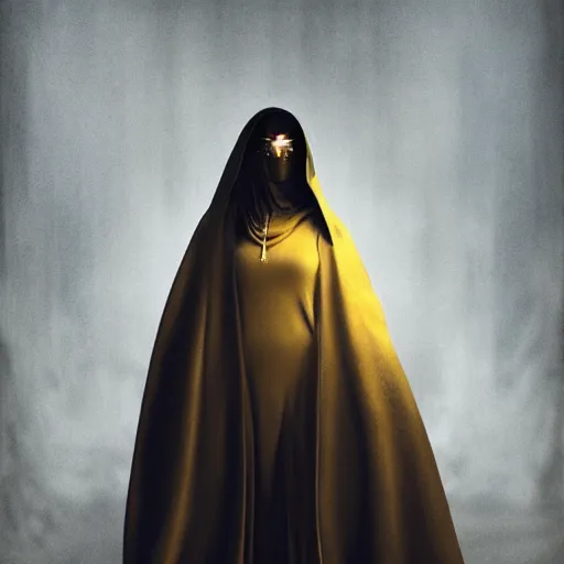 Image similar to a portrait of a young woman wearing a long dark cloak, hood and shadows covering face, holding golden chains, oil painting, matte painting, black background, Volumetric Golden dappled dynamic lighting, Highly Detailed, Cinematic Lighting, Unreal Engine, 8k, HD, by Beksinski