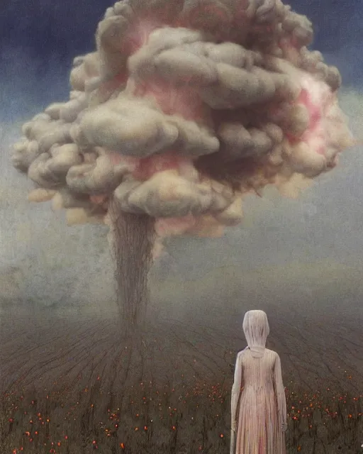 Image similar to A portrait of a woman wearing clothes made out of thunder clouds and flowers, apocalypse, nuclear explosion in the background, spiky skin, Masterpiece, glowing, wires everywhere, by Edgar Maxence and Ross Tran, Zdzisław Beksiński, and Michael Whelan, distant, gustav dore, H.R. Giger, 8k, octane render