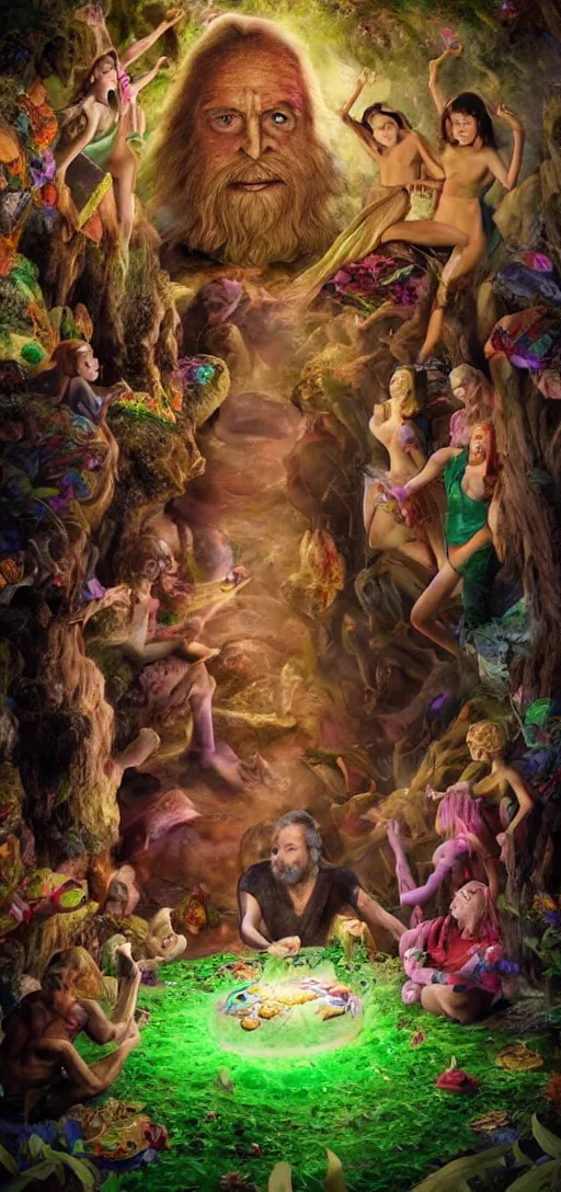 Prompt: an 8 k magazine cover photo shoot color hdr picture of zardoz accessing third eye everlasting magical second level during his 9 6 6 th birthday party along with female friends. surrounded by fairies. everything is of the second level including plates of green bread and hams on the isle of kun lao. volumetric lighting with picoso hotdogs. atmospheric. national geographic. award winning. render