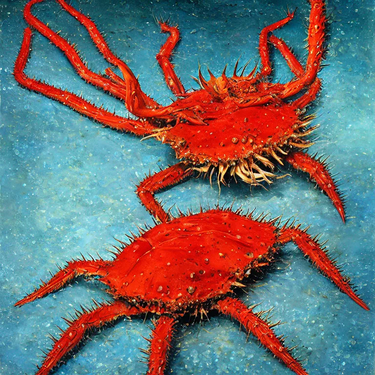 Prompt: Hyperrealistic intensely colored Studio wet collodion Photograph portrait of a deep sea Giant spiked Crab with very long! spindly spiked legs and big claws deep underwater in darkness long exposure, award-winning nature deep sea expressionistic impasto heavy brushstrokes oil painting by Fabian Marcaccio and Norman Rockwell and Audubon vivid colors hyperrealism 8k