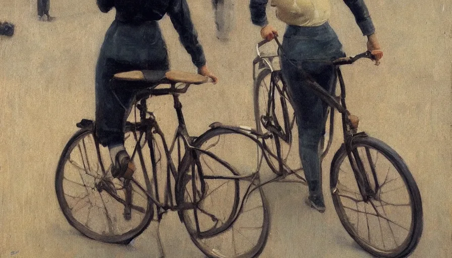 Image similar to painting by borremans, young woman riding a bike, detailed, stunning