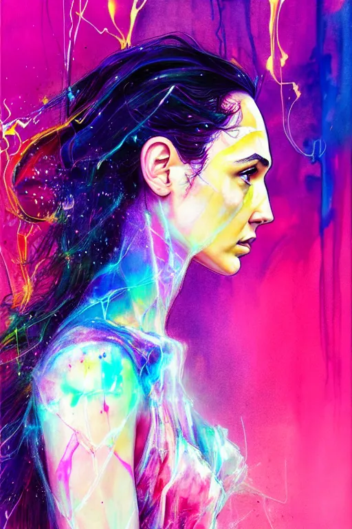 Image similar to gal gadot by agnes cecile enki bilal moebius, intricated details, 3 / 4 back view, full body portrait, extremely luminous bright design, pastel colours, drips, autumn lights