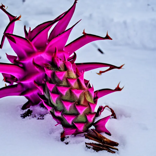 Image similar to a dragonfruit wearing a karate belt in the snow