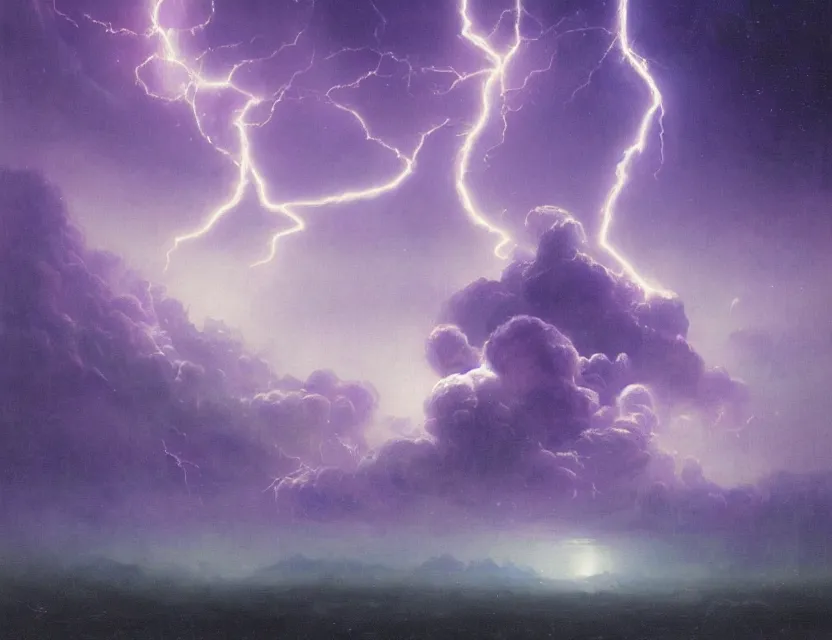 Prompt: a space laces kind of poster of a giant dark - purple lightning across all of the frame. cinematic sci - fi scene and science fiction theme with lightning, aurora lighting. clouds and stars. smoke. futurism. fantasy. by beksinski carl spitzweg and tuomas korpi. baroque elements. oil painting. dramatic. artstation. dark purple