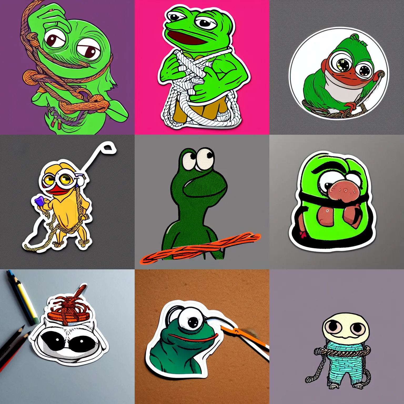 Prompt: a sticker illustration of pepe with a rope, highly detailed, carefully drawn, meme, artstation, artstationHQ, artstationHD, behance