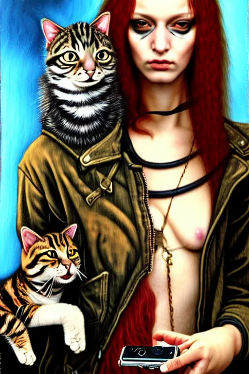 Image similar to punk rock girls making selfie and smoking with cats in jungle , mad max jacket, post apocalyptic, renaissance, highly detailed, digital painting, oil painting by Leonardo Da Vinci, hyper realistic style, fantasy by Olga Fedorova