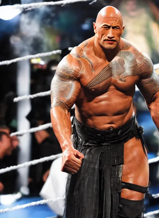 Image similar to dwayne johnson entering entrances ramp of smackdown as samurai!