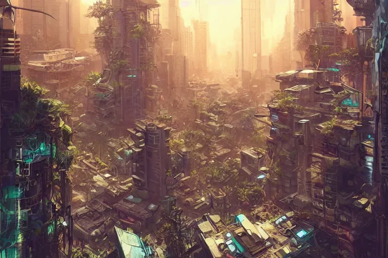 Prompt: a cyberpunk city in ruins, jungle plants overgrowing the streets and buildings, a few cats run through the ruins, by artgerm and amano and rutkowski and kincaid, trending on artstation