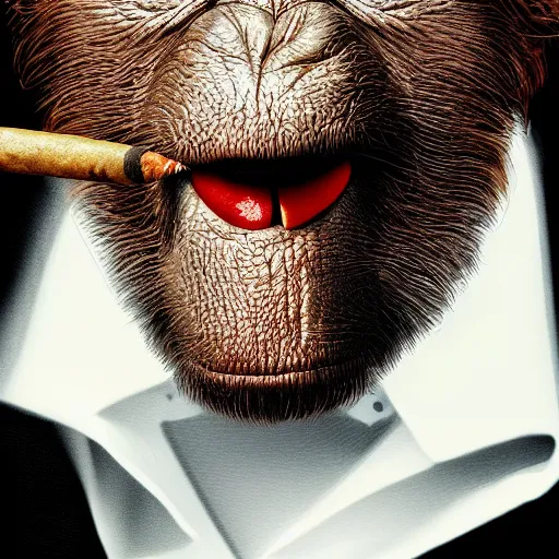 Image similar to a high detail photo of donald trump smoking a cigarrette, subject= chimp, subject detail: extremly detailed, subject action: smoking a cigar, photorealism, dramatic lighting, award winning photograph, trending on artstation