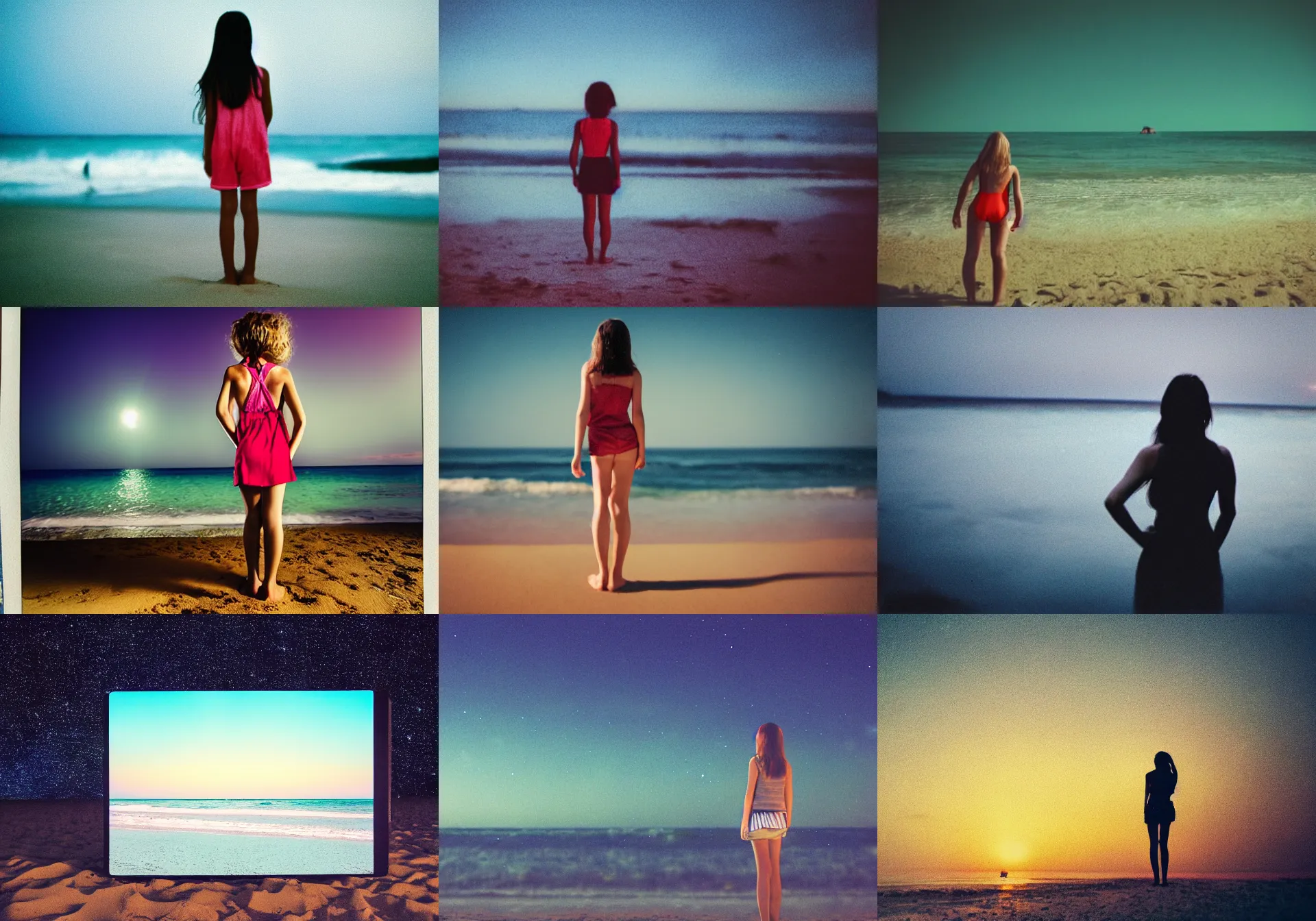 Prompt: home photography portrait, view from behind, a girl standing on the beach ; night, summer, color vhs picture quality with mixed noise