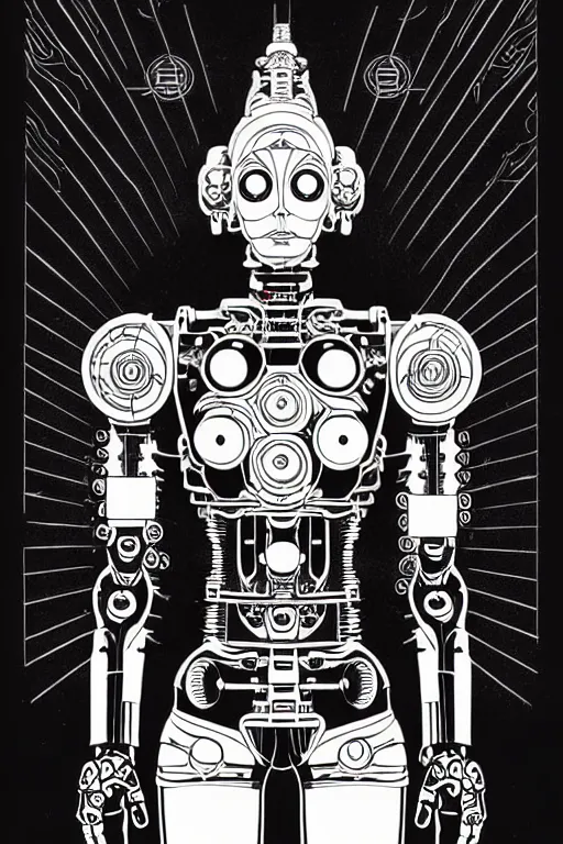 Image similar to blank ink and pen illustration of a cyborg robot 1000 arm Avalokiteshvara , golden ratio, character concept art by character concept art by Shepard Fairey, james jean, Mike Mignola, Laurie Greasley, highly detailed, sharp focus, sharp linework, clean strokes, motherboard, Artstation, deviantart, artgem