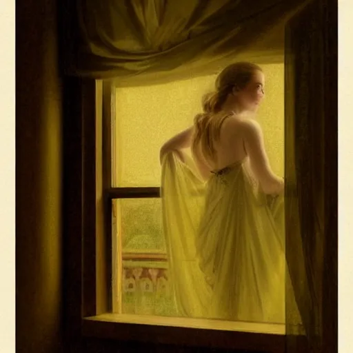 Prompt: silhouette of a Elle Fanning gazing out her hotel window at the rain, extremely detailed masterpiece, oil on canvas, low-key neon lighting, artstation, by J. C. Leyendecker and Peter Paul Rubens,